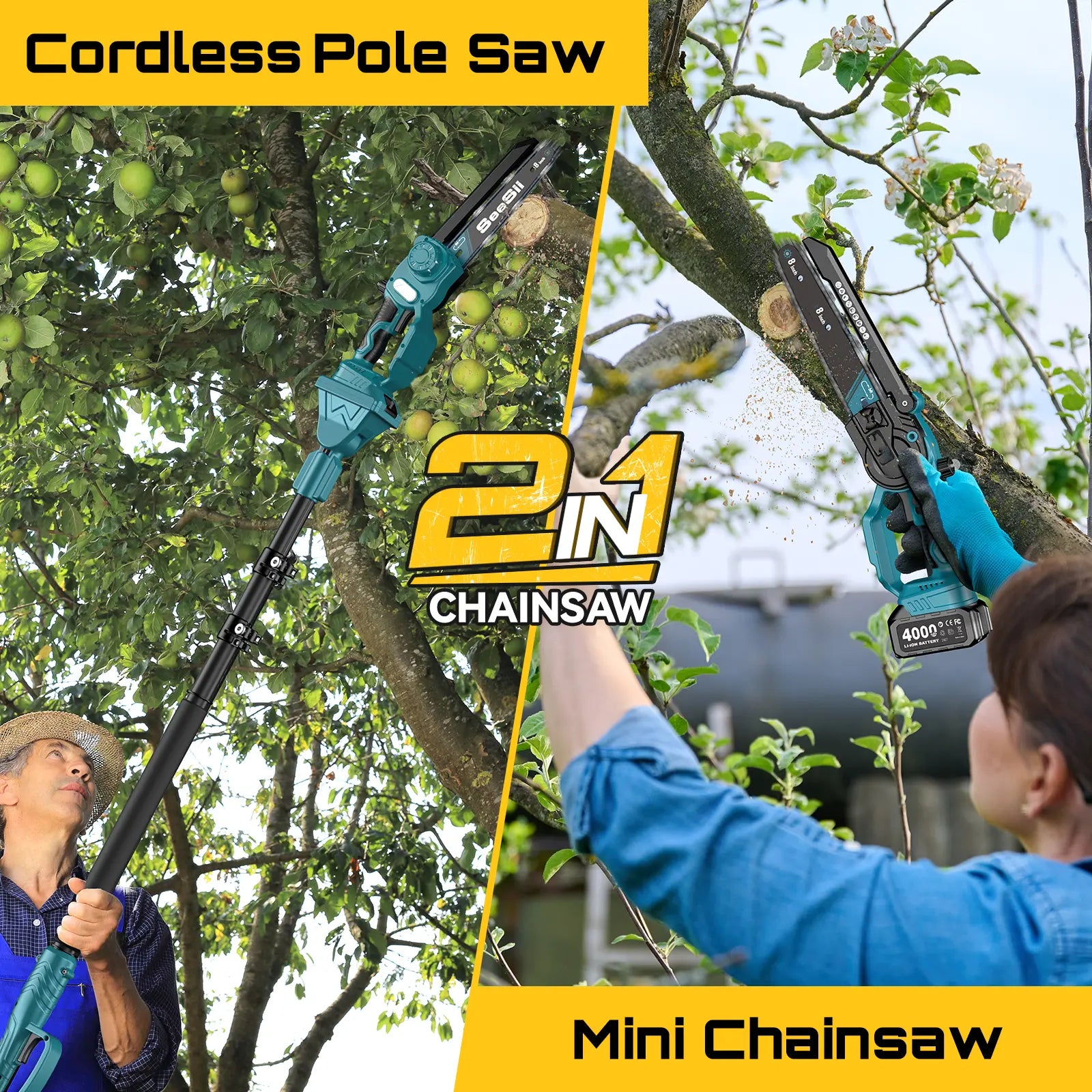 2 in 1 Cordless Pole Saw & Mini Chainsaw ,Working height 16FT Reach