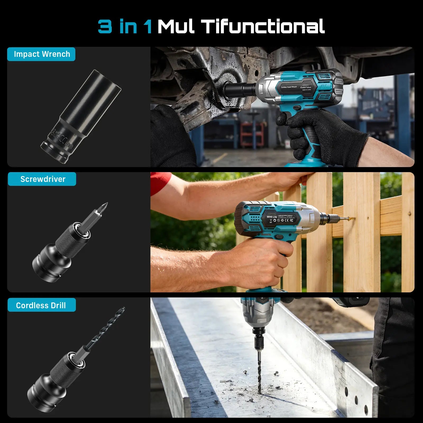3‑in‑1 Cordless 1/2 Inch Impact Wrench
