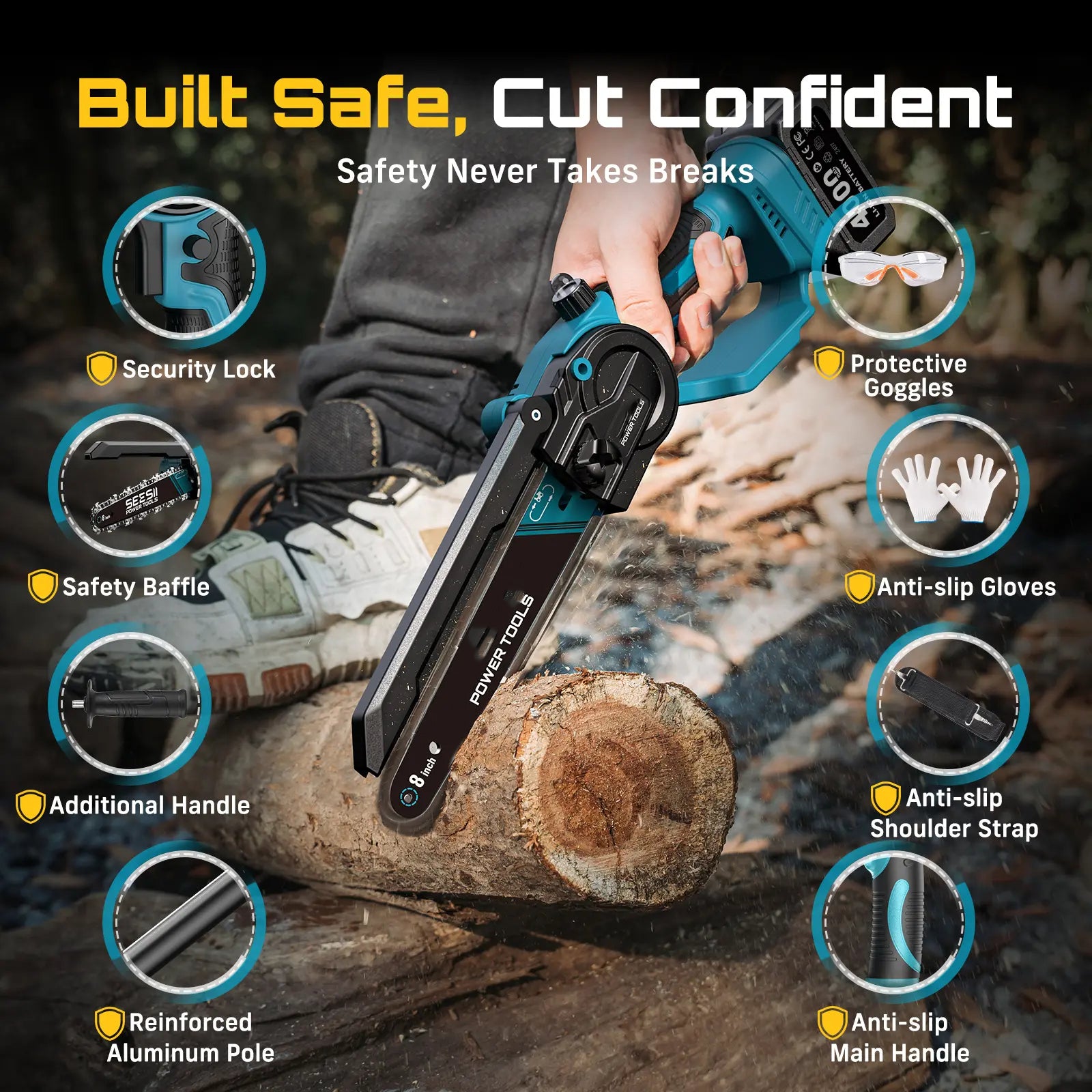 2 in 1 Cordless Pole Saw & Mini Chainsaw ,Working height 16FT Reach