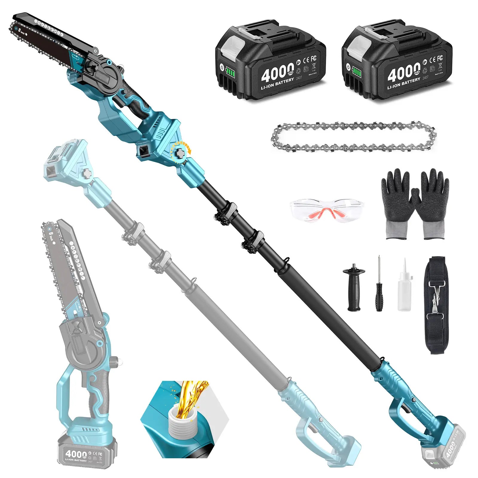 2 in 1 Cordless Pole Saw & Mini Chainsaw ,Working height 16FT Reach